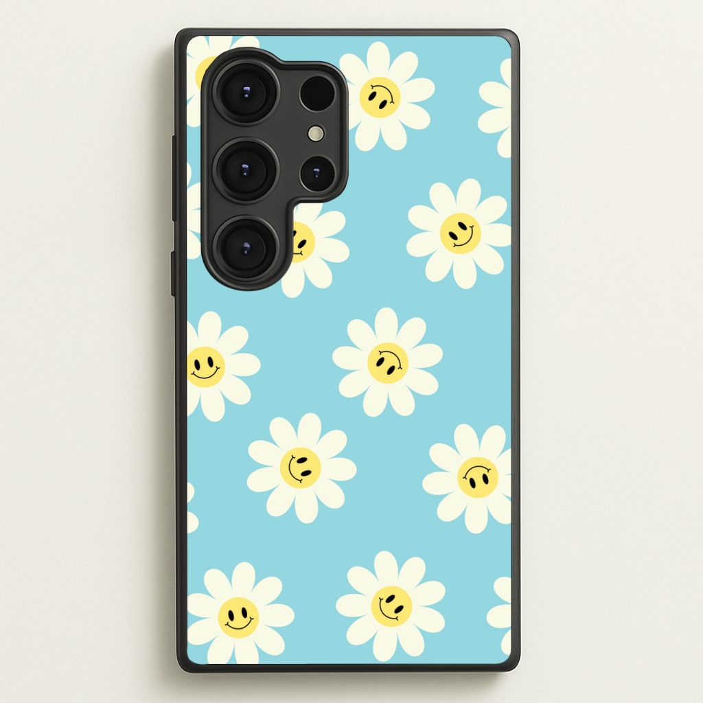 Pastel Blue Smiley Daisies Pattern - Floral Phone Case for Galaxy S25 Ultra