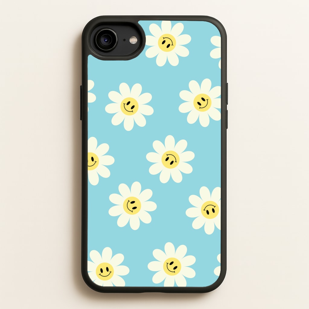 Pastel Blue Smiley Daisies Pattern - Floral Phone Case for iPhone 6 / 7 / 8 / SE