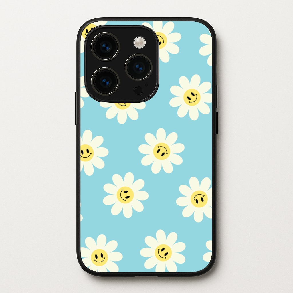 Pastel Blue Smiley Daisies Pattern - Floral Phone Case for iPhone 14 Pro Max