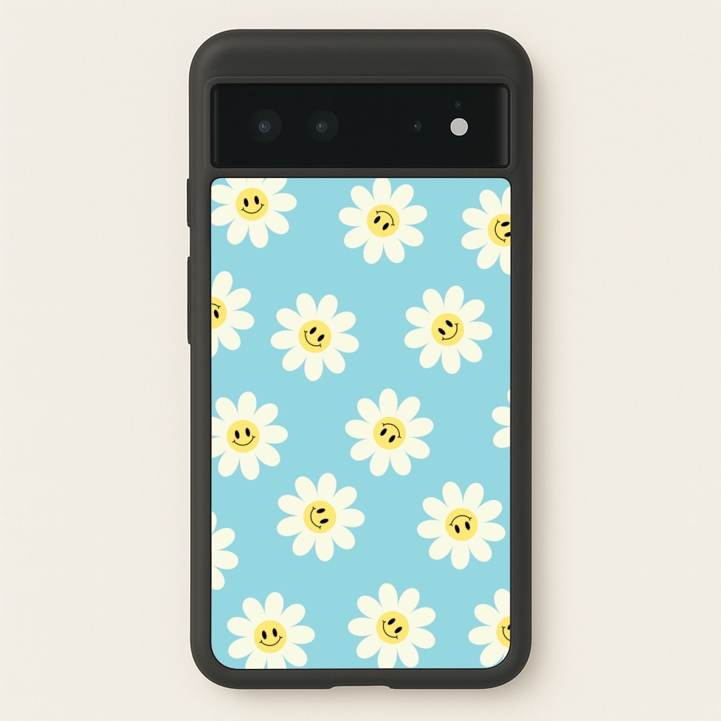 Pastel Blue Smiley Daisies Pattern - Floral Phone Case for Google Pixel 6