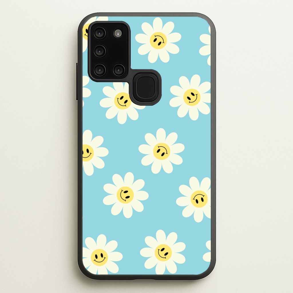 Pastel Blue Smiley Daisies Pattern - Floral Phone Case for Galaxy A21s