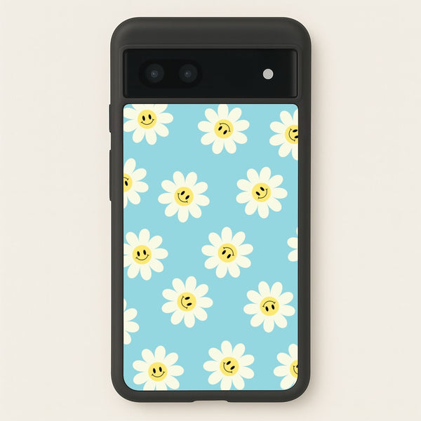 Pastel Blue Smiley Daisies Pattern - Floral Phone Case for Google Pixel 7a