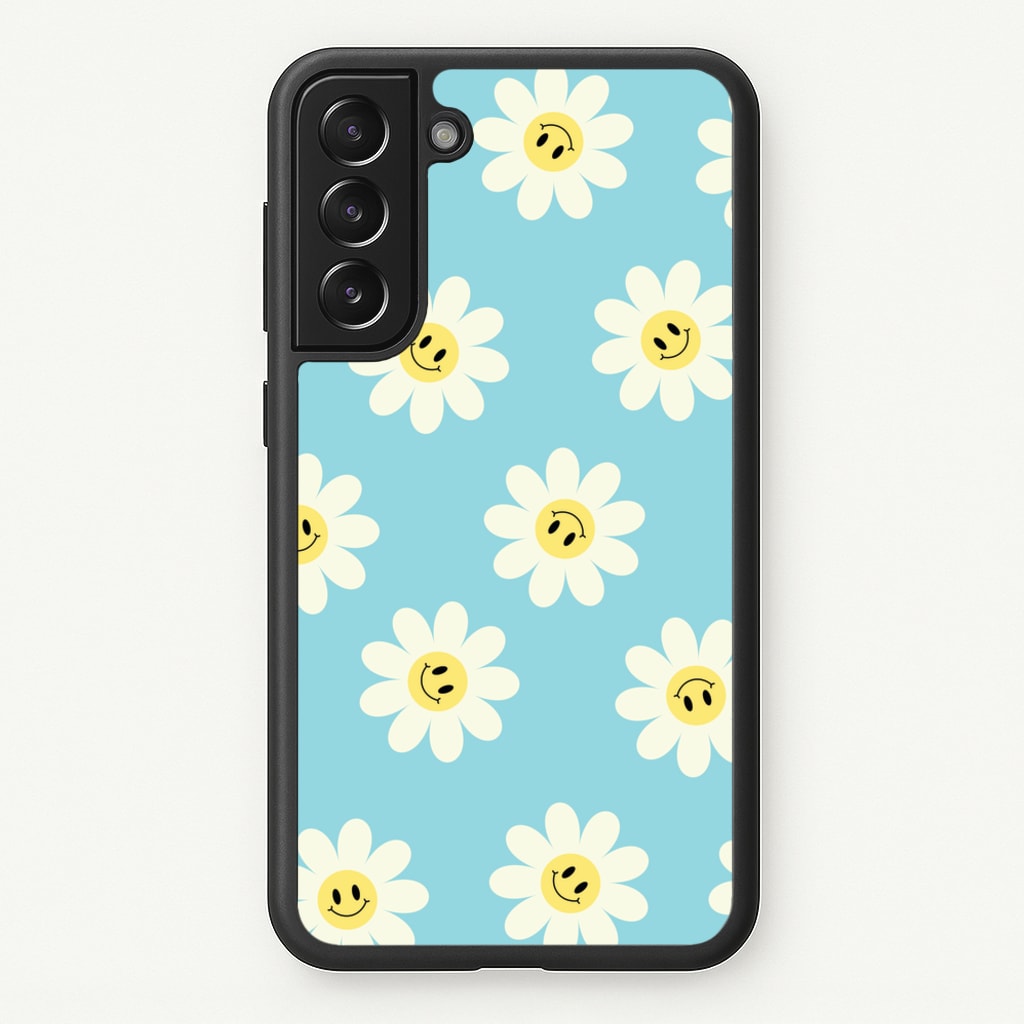 Pastel Blue Smiley Daisies Pattern - Floral Phone Case for Galaxy S21 Plus