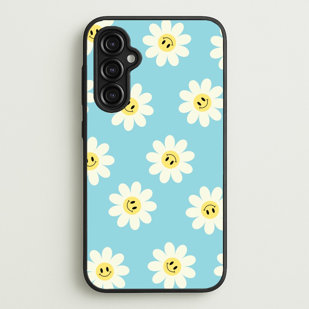 Pastel Blue Smiley Daisies Pattern - Floral Phone Case for Galaxy A14
