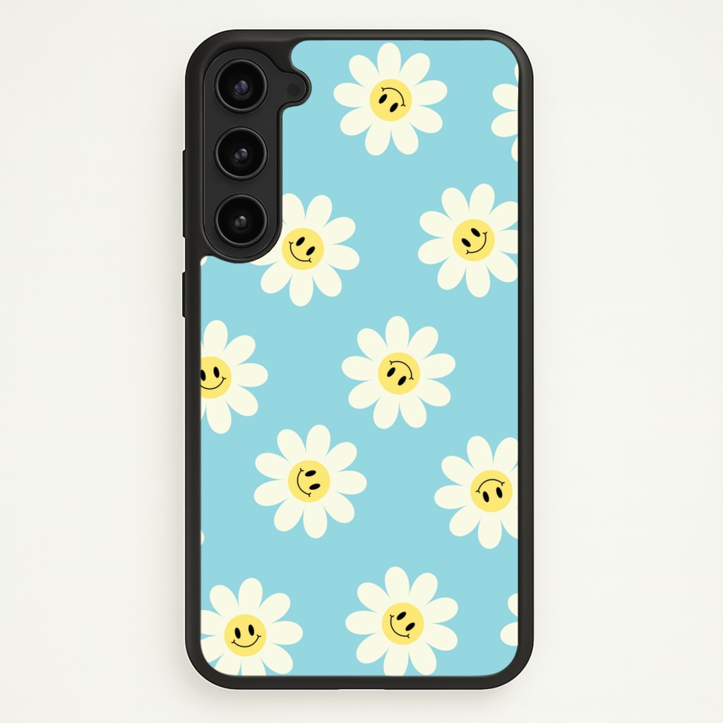Pastel Blue Smiley Daisies Pattern - Floral Phone Case for Galaxy S23 Plus
