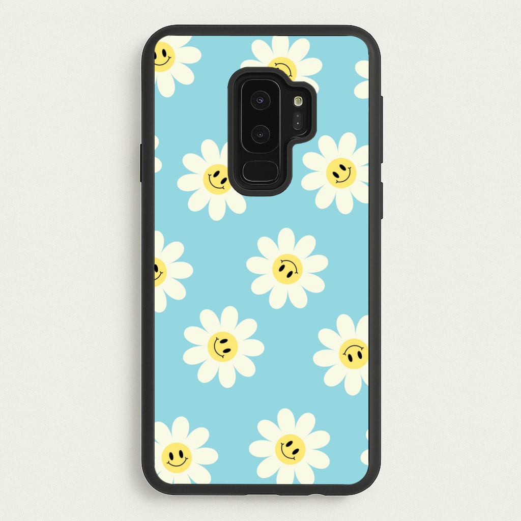 Pastel Blue Smiley Daisies Pattern - Floral Phone Case for Galaxy S9 Plus
