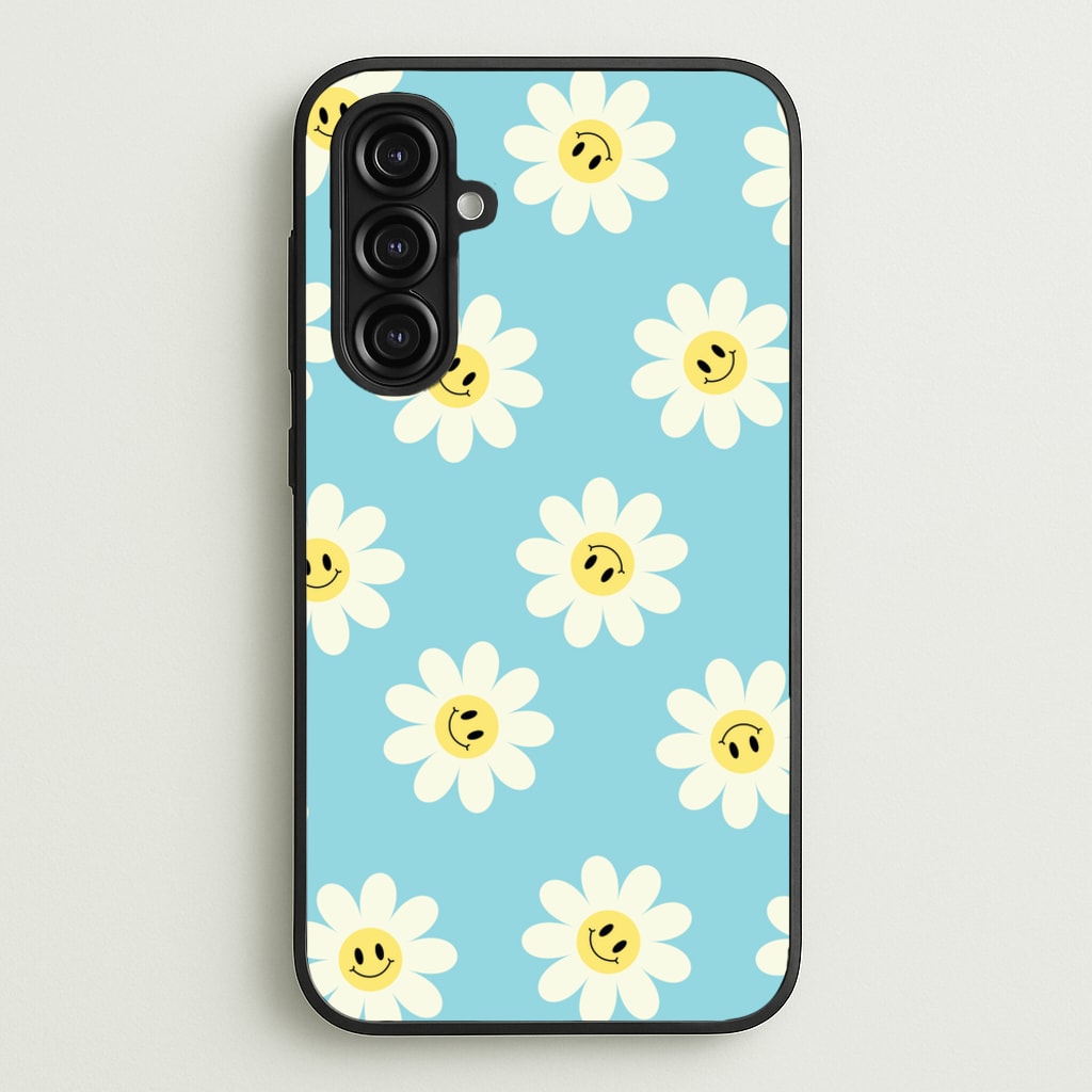 Pastel Blue Smiley Daisies Pattern - Floral Phone Case for Galaxy A16