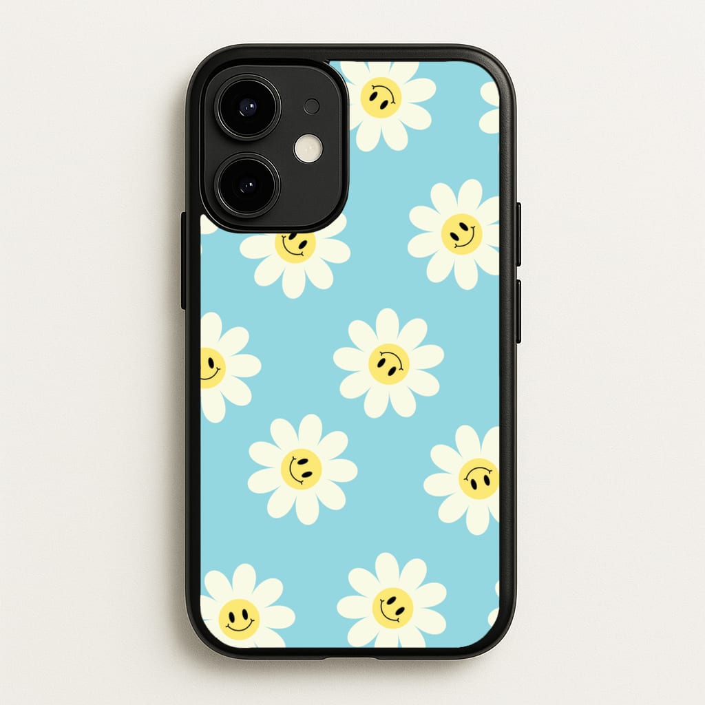 Pastel Blue Smiley Daisies Pattern - Floral Phone Case for iPhone 12 / 12 Pro