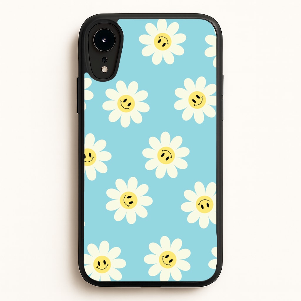 Pastel Blue Smiley Daisies Pattern - Floral Phone Case for iPhone XR
