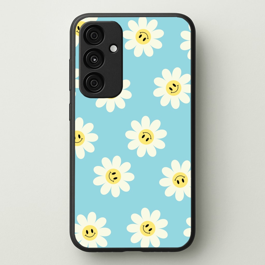 Pastel Blue Smiley Daisies Pattern - Floral Phone Case for Galaxy A55