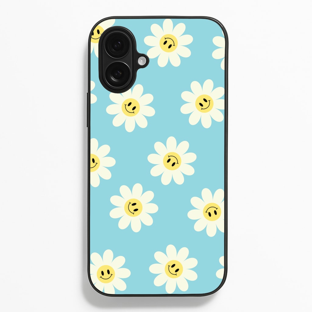Pastel Blue Smiley Daisies Pattern - Floral Phone Case for iPhone 16 Plus
