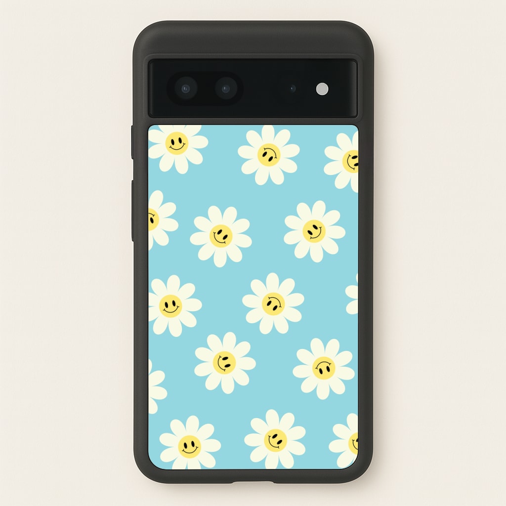Pastel Blue Smiley Daisies Pattern - Floral Phone Case for Google Pixel 7