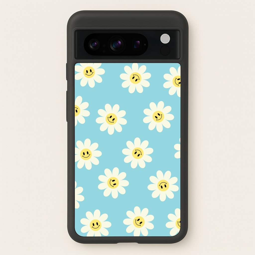 Pastel Blue Smiley Daisies Pattern - Floral Phone Case for Google Pixel 8 Pro