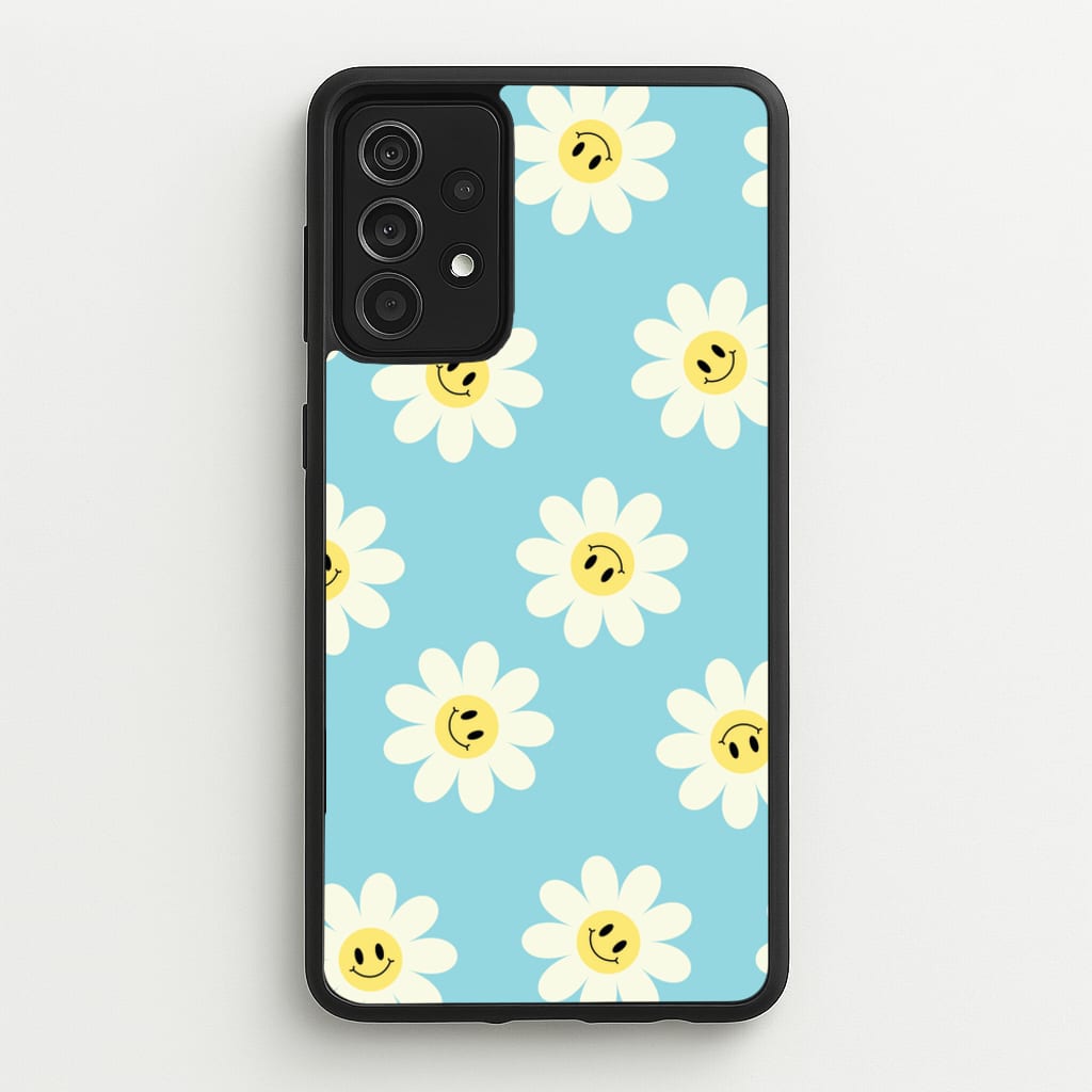 Pastel Blue Smiley Daisies Pattern - Floral Phone Case for Galaxy A52 / A52s