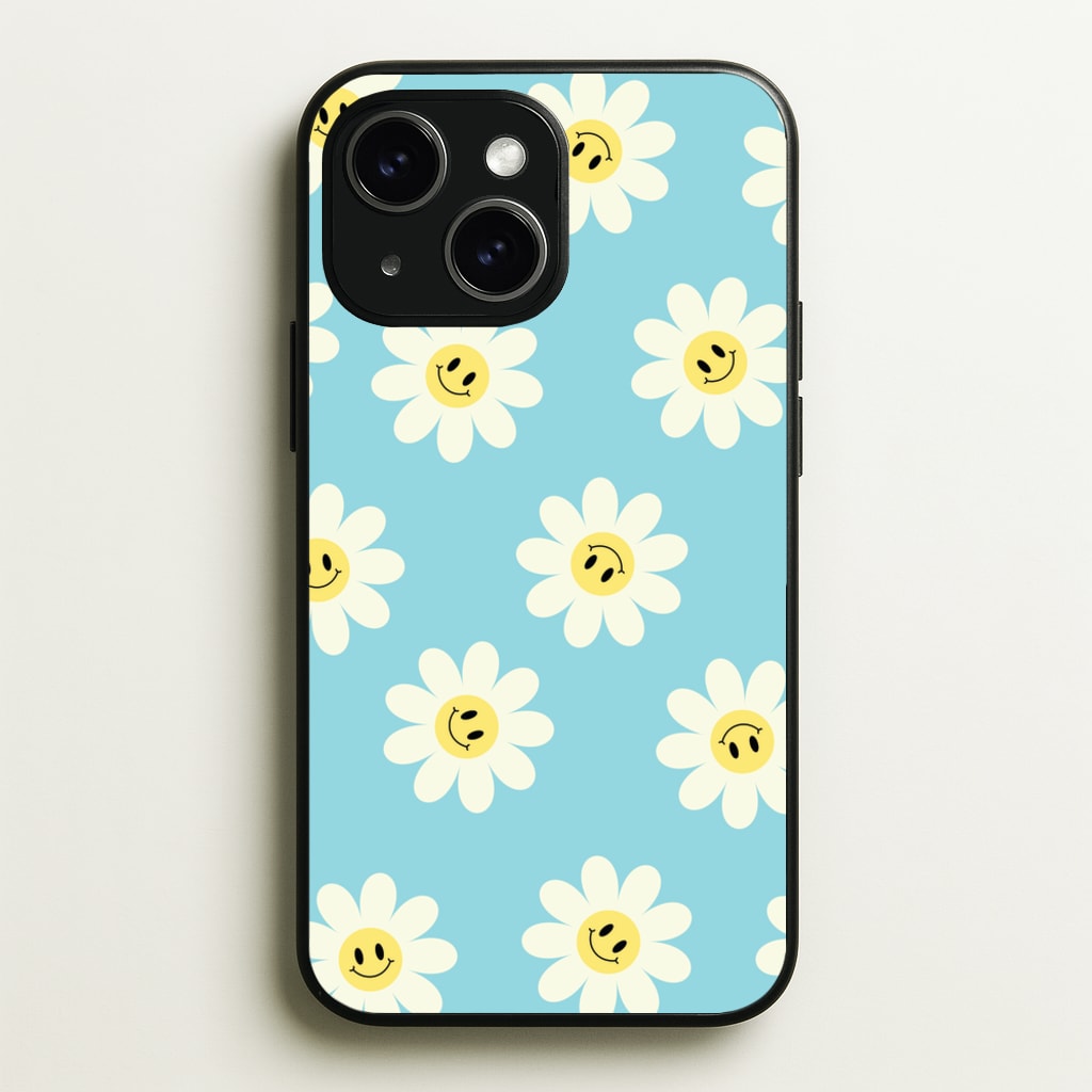 Pastel Blue Smiley Daisies Pattern - Floral Phone Case for iPhone 15
