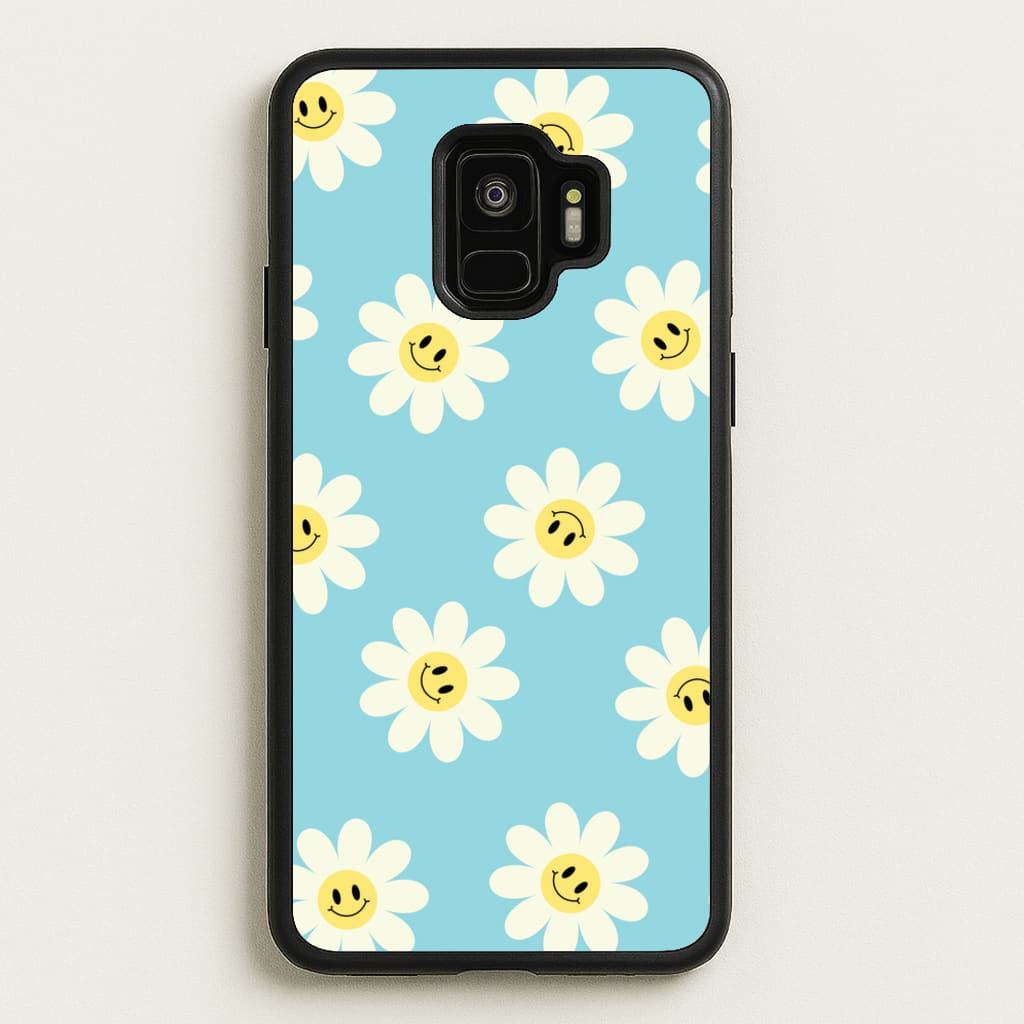 Pastel Blue Smiley Daisies Pattern - Floral Phone Case for Galaxy S9