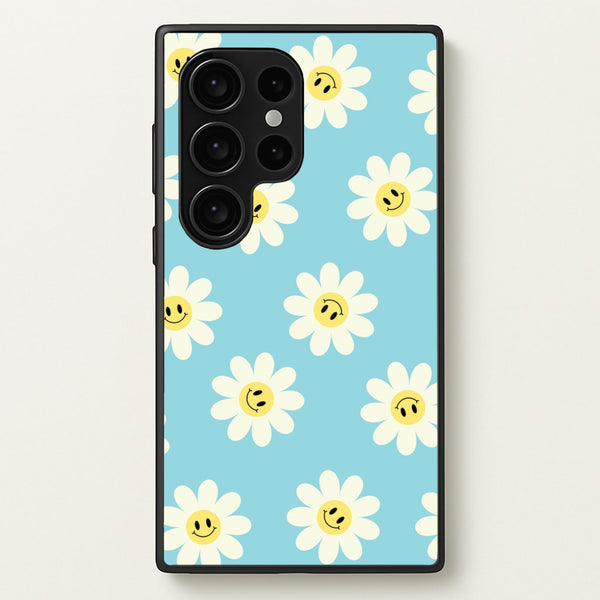 Pastel Blue Smiley Daisies Pattern - Floral Phone Case for Galaxy S24 Ultra