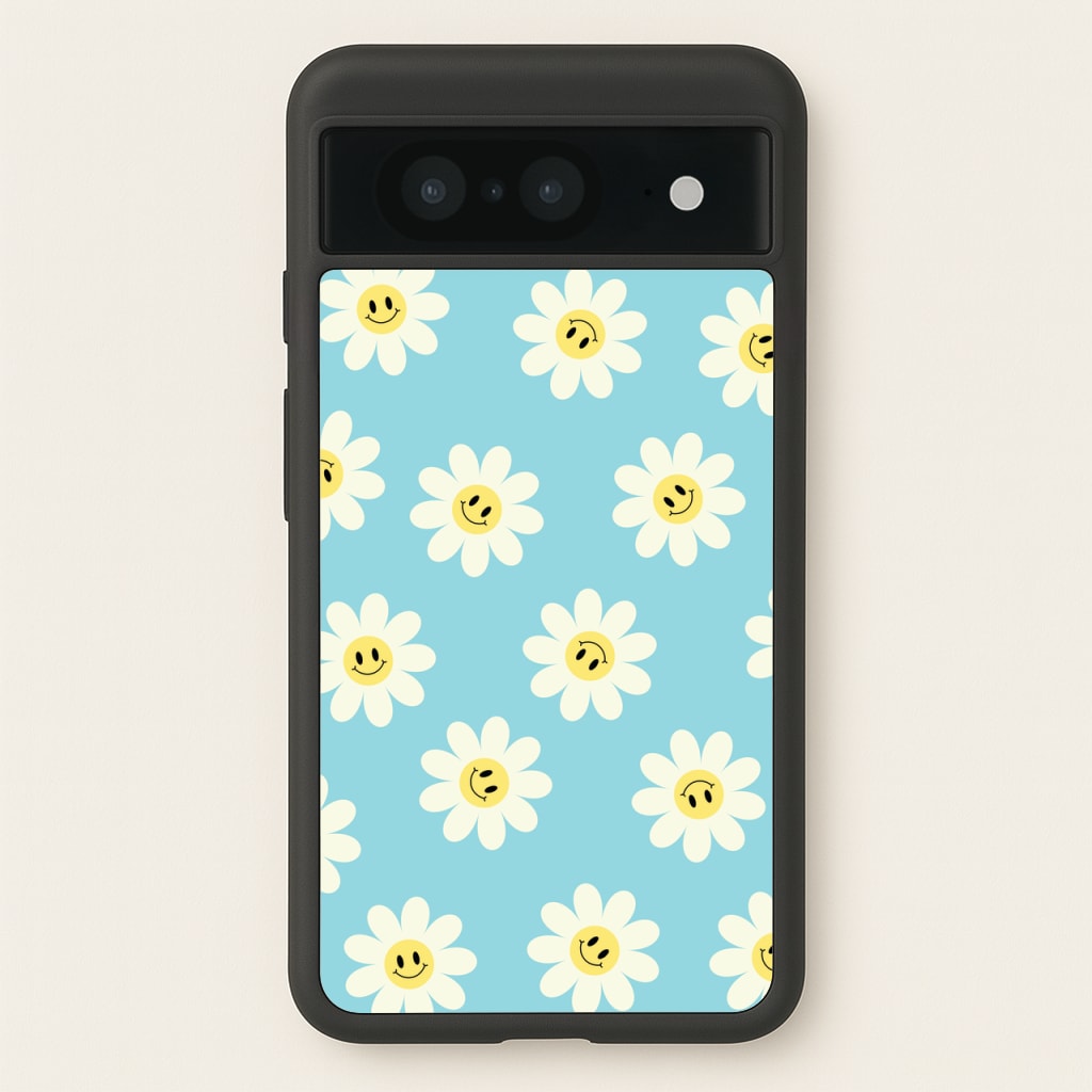 Pastel Blue Smiley Daisies Pattern - Floral Phone Case for Google Pixel 8