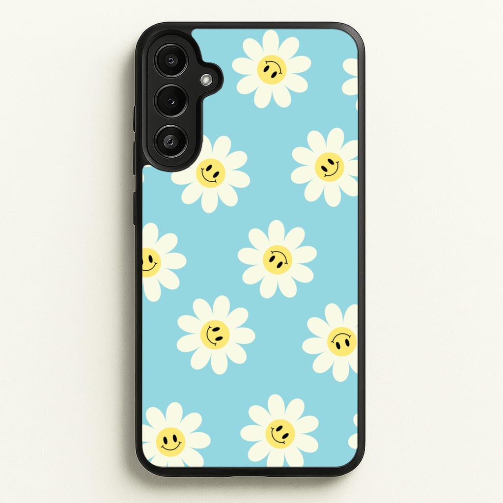 Pastel Blue Smiley Daisies Pattern - Floral Phone Case for Galaxy A36