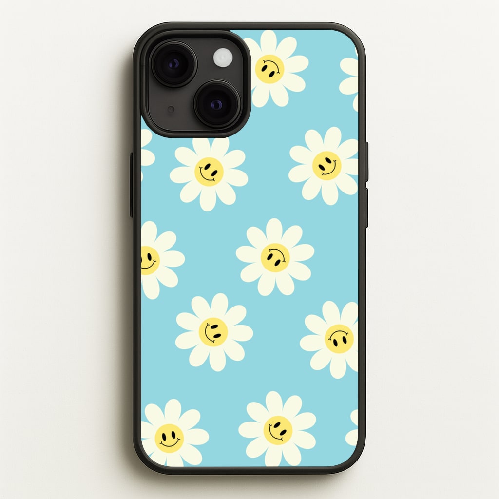 Pastel Blue Smiley Daisies Pattern - Floral Phone Case for iPhone 13 Mini