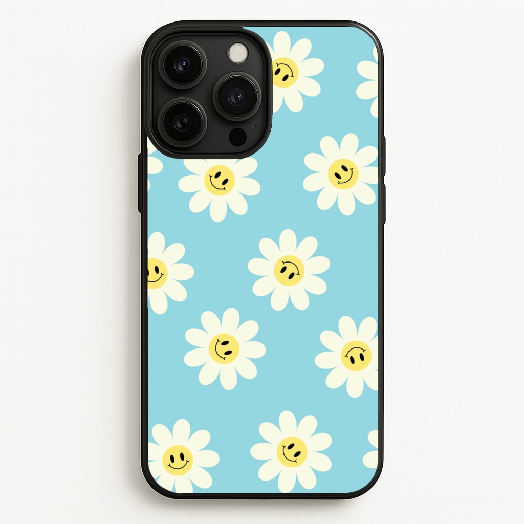 Pastel Blue Smiley Daisies Pattern - Floral Phone Case for iPhone 13 Pro Max
