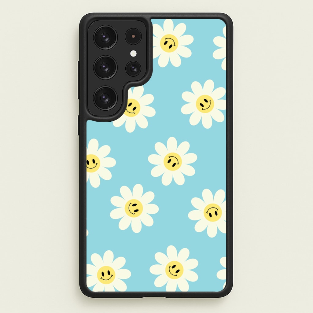 Pastel Blue Smiley Daisies Pattern - Floral Phone Case for Galaxy S23 Ultra