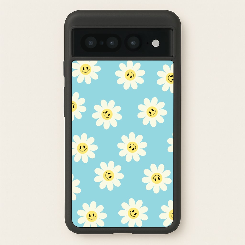 Pastel Blue Smiley Daisies Pattern - Floral Phone Case for Google Pixel 7 Pro
