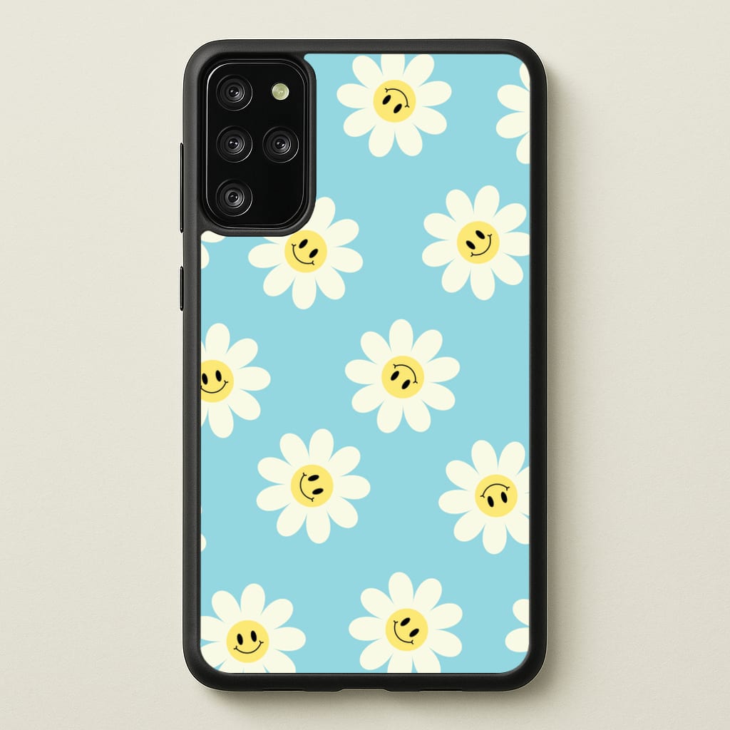 Pastel Blue Smiley Daisies Pattern - Floral Phone Case for Galaxy S20 Plus