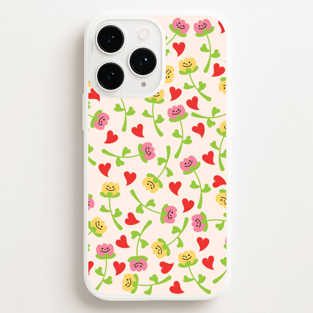 Smiley Tulips And Hearts Pattern - Floral Phone Case for iPhone 16 Pro Max