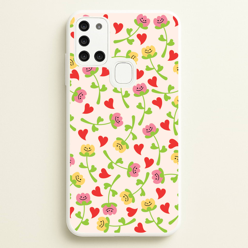Smiley Tulips And Hearts Pattern - Floral Phone Case for Galaxy A21s