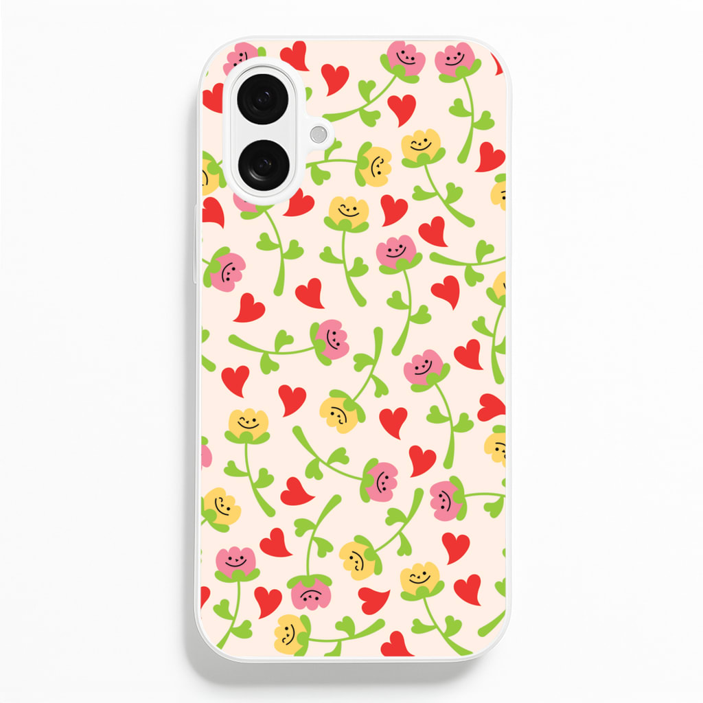 Smiley Tulips And Hearts Pattern - Floral Phone Case for iPhone 16 Plus