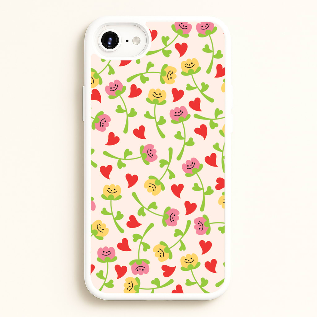 Smiley Tulips And Hearts Pattern - Floral Phone Case for iPhone 6 Plus / 7 Plus / 8 Plus