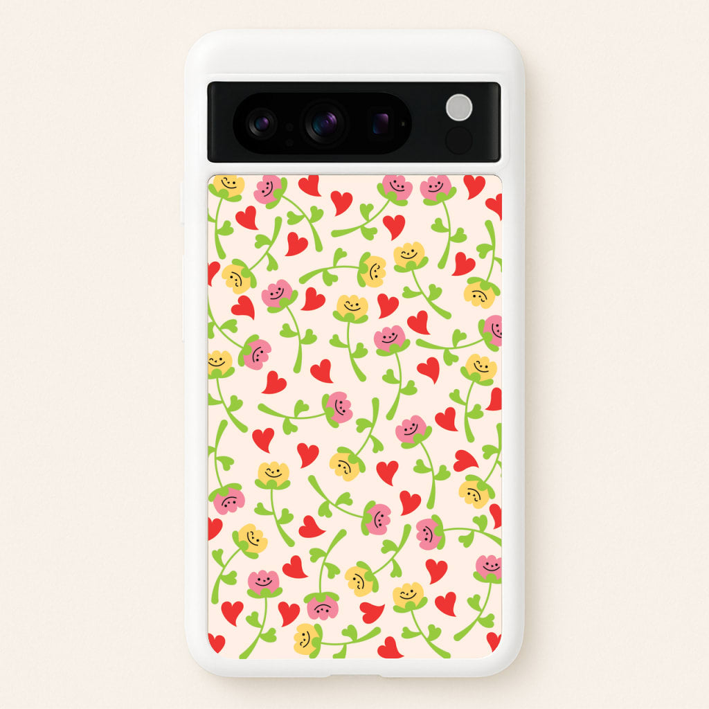 Smiley Tulips And Hearts Pattern - Floral Phone Case for Google Pixel 8 Pro