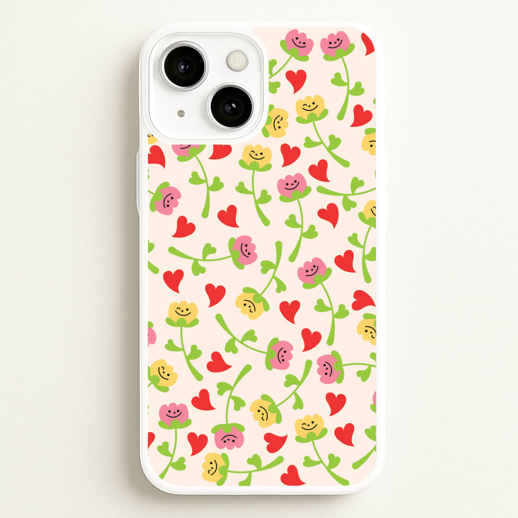 Smiley Tulips And Hearts Pattern - Floral Phone Case for iPhone 13