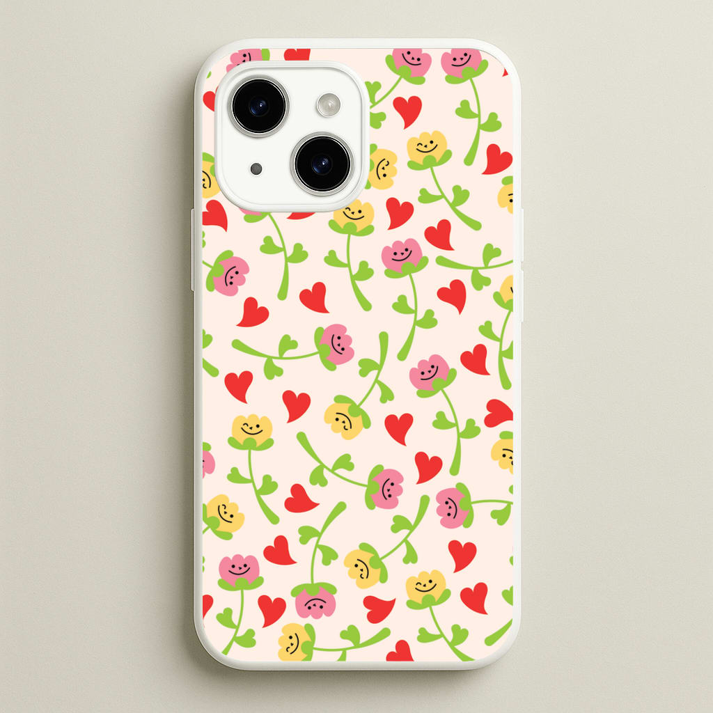 Smiley Tulips And Hearts Pattern - Floral Phone Case for iPhone 15