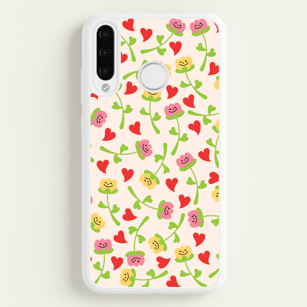 Smiley Tulips And Hearts Pattern - Floral Phone Case for Huawei P30 Lite