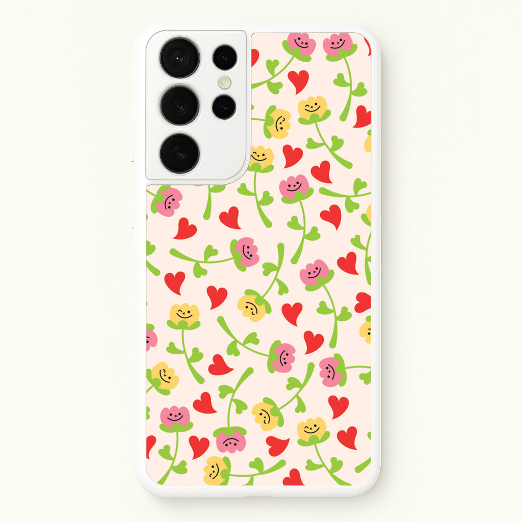 Smiley Tulips And Hearts Pattern - Floral Phone Case for Galaxy S21 Ultra