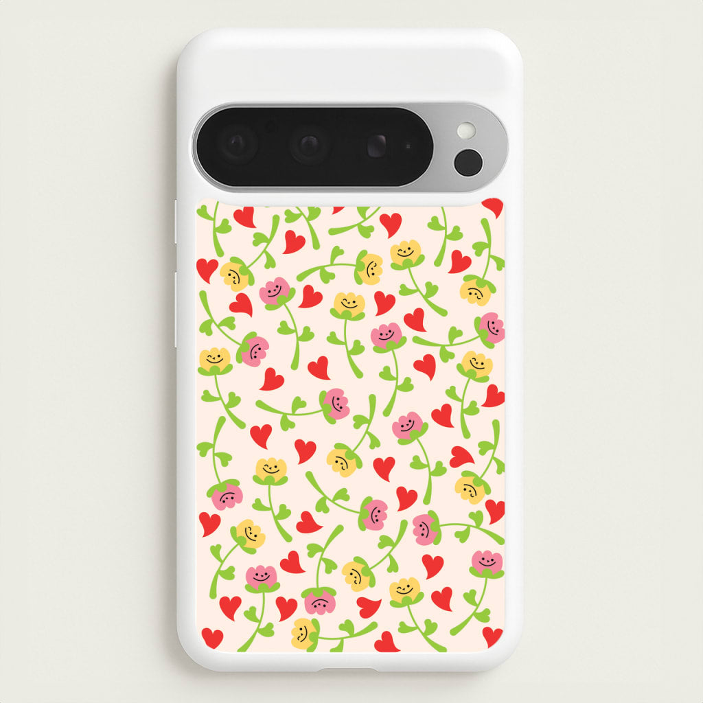 Smiley Tulips And Hearts Pattern - Floral Phone Case for Google Pixel 9 Pro XL
