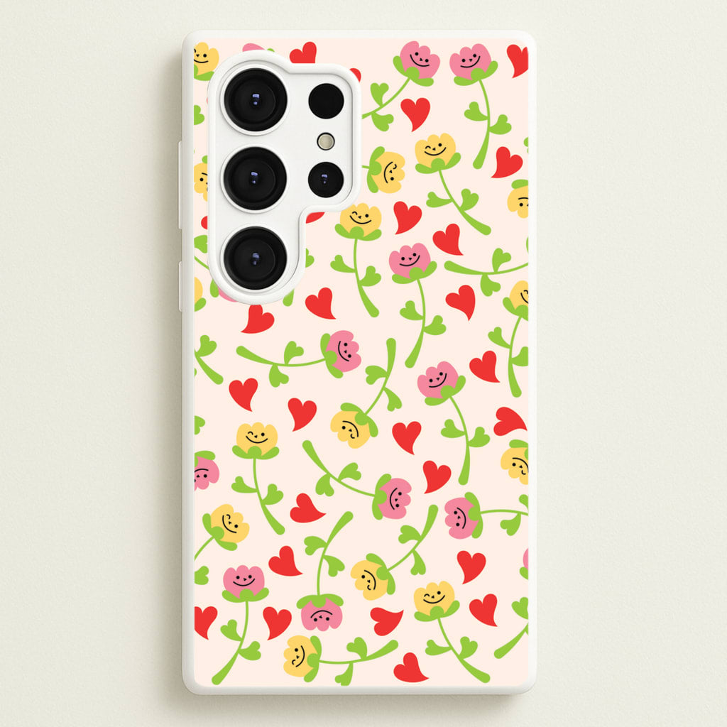 Smiley Tulips And Hearts Pattern - Floral Phone Case for Galaxy S25 Ultra