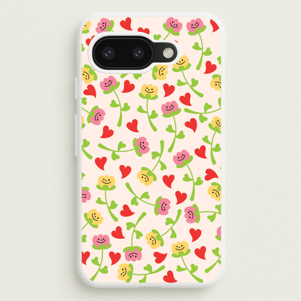 Smiley Tulips And Hearts Pattern - Floral Phone Case for Google Pixel 9a