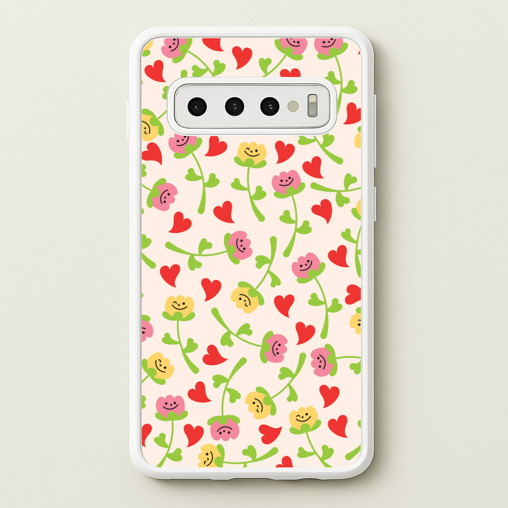 Smiley Tulips And Hearts Pattern - Floral Phone Case for Galaxy S10 Plus