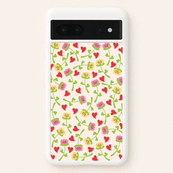 Smiley Tulips And Hearts Pattern - Floral Phone Case for Google Pixel 7
