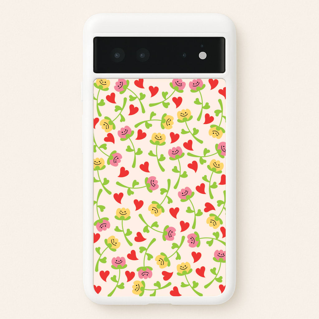 Smiley Tulips And Hearts Pattern - Floral Phone Case for Google Pixel 6