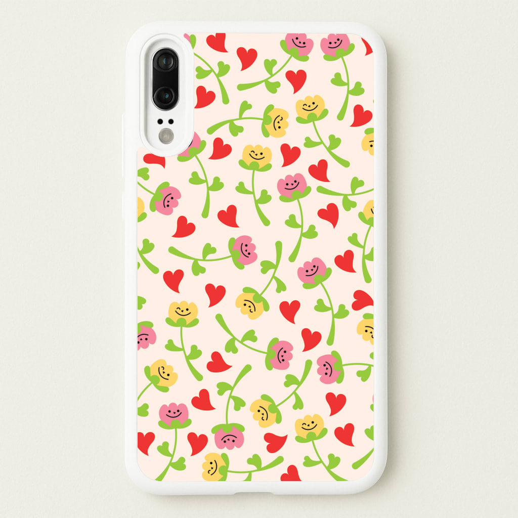 Smiley Tulips And Hearts Pattern - Floral Phone Case for Huawei P20