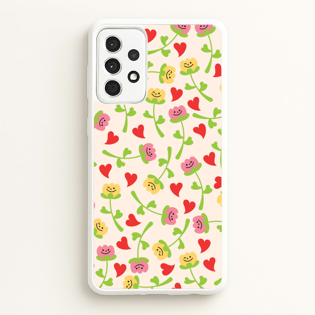 Smiley Tulips And Hearts Pattern - Floral Phone Case for Galaxy A52 / A52s
