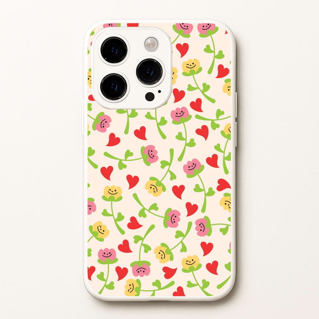 Smiley Tulips And Hearts Pattern - Floral Phone Case for iPhone 15 Pro