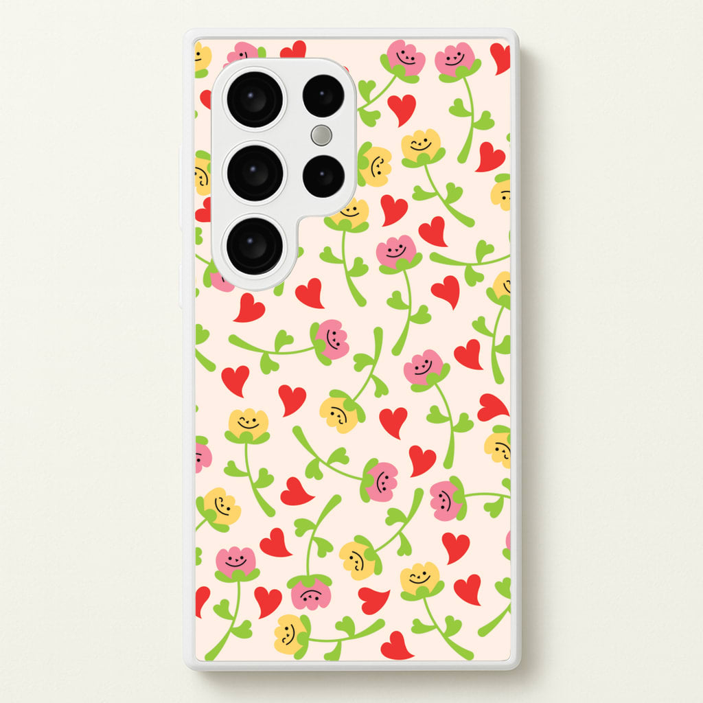Smiley Tulips And Hearts Pattern - Floral Phone Case for Galaxy S24 Ultra