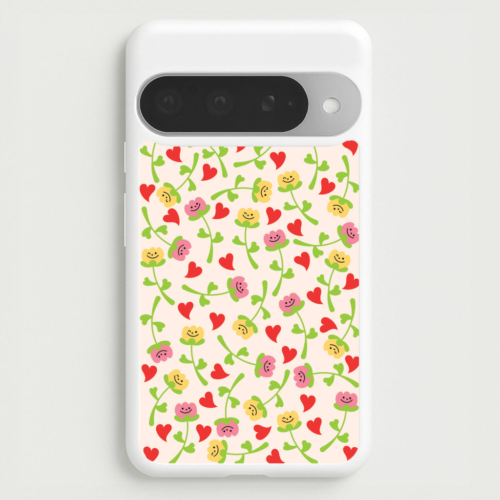 Smiley Tulips And Hearts Pattern Phone Case for Google Pixel 10 Pro XL