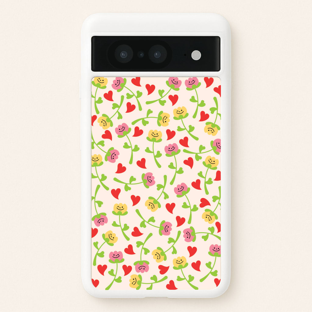 Smiley Tulips And Hearts Pattern - Floral Phone Case for Google Pixel 8