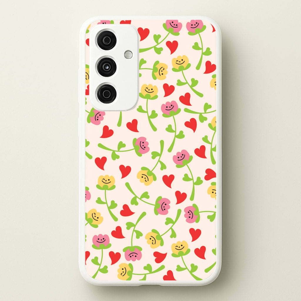 Smiley Tulips And Hearts Pattern - Floral Phone Case for Galaxy A15
